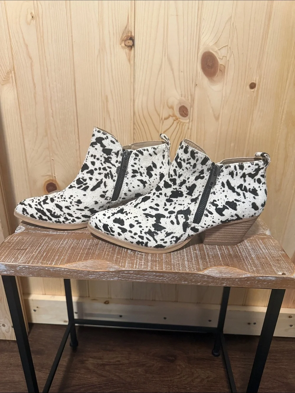 Very Volatile Black and White Cowhide Print Pointed Ankle Booties
